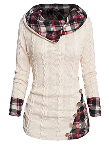 ZEZCLO Women's Twisted Cable Knit Plaid Print Hooded Sweater Mock Button Ruched Shawl Neck Knit Top Light Coffee S - Thumbnail 3
