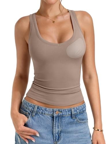 PINKMSTYLE Womens Padded Tank Tops Scoop Neck Double Layer Built in Bra Shirts Casual Basic Tops for Women Summer 2026 Khaki - Image 1