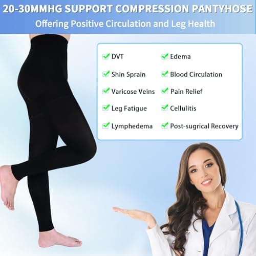 Medical Compression Pantyhose for Women & Men, 20-30mmHg Graduated Support Compression Tights Footless Medical Compression Stockings & Leggings for Edema, Varicose Veins, Swelling(Black,L) - Thumbnail 3