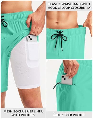 Pinkbomb Men's Mint Green Swim Trunks with Compression Liner, Quick Dry, 9 Inch, X-Large - Thumbnail 5