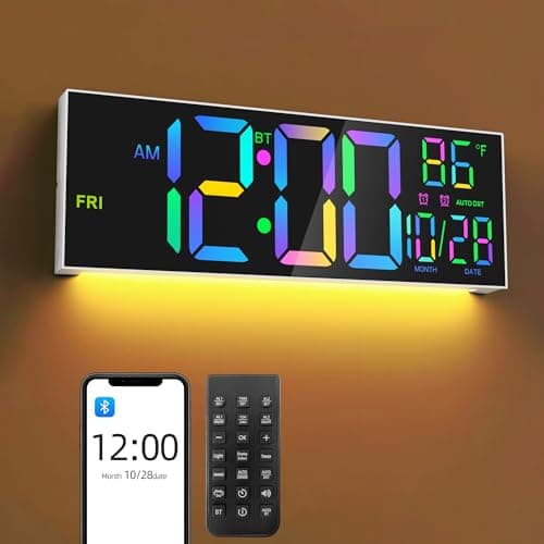 Mee 2ou 16.5" Digital Wall Clock White with Bluetooth Auto-Sync,Large LED Display,Smart Auto Dimming,DST,Remote Control, Night Light, Date & Temperature for Living Room, Gym, Office