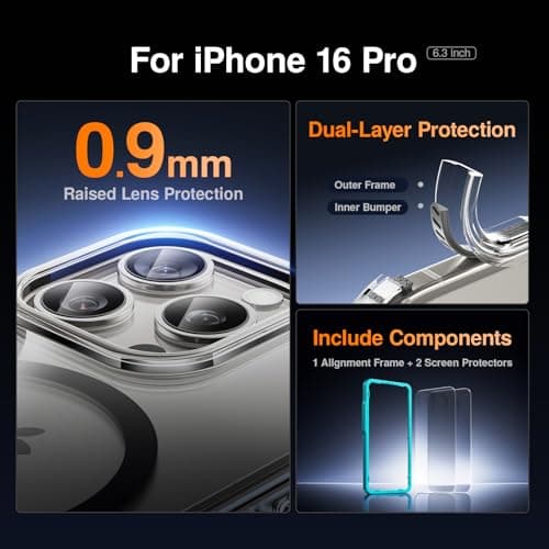 SMARTDEVIL for iPhone 16 Pro Case with 2 Screen Protectors, [Compatible with Magsafe][Anti-Yellowing][Military-Grade Protection] Shockproof Slim Magnetic Phone Case with Black Border Design - Thumbnail 4