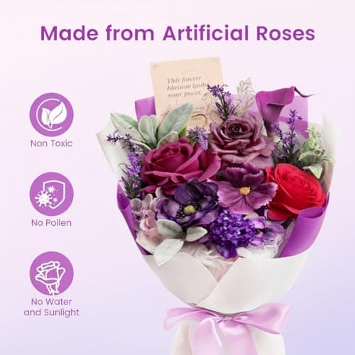 TINGE TIME Mothers Day Preserved Flowers Bouquet, Forever Flowers Gifts for Mom, Birthday Gifts for Women, Eternal Roses Bouquet for Grandma Wife Anniversary Graduation(Purple) - Thumbnail 5