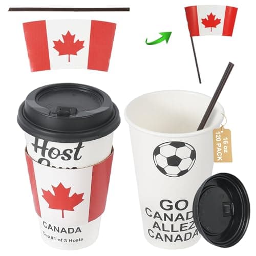 Sowinvent 16 oz CheerSleeve Host Cup, Celebrating World Soccer Tournament Host Canada, 120 Sets Disposable Paper Party Cups with Lids Straws Sleeves, Flag Themed Fan Event Decorations, ALLEZ CANADA - Image 1