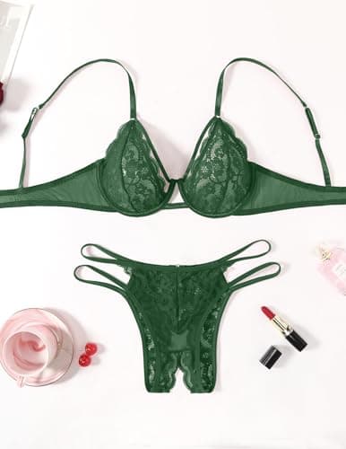Avidlove Sexy Lace Underwire Push Up Lingerie Set for Women Sheer Bra and Panty Sets 2 Piece Green - Thumbnail 2