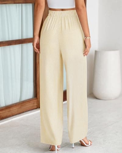 BTFBM Pants for Women 2026 Spring Clothes Striped High Waist Tie Knot Dressy Casual Wide Leg Palazzo Work Trousers Pants(Apricot, Small) - Thumbnail 3