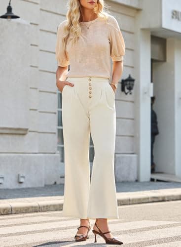 Dokotoo Women's Pants 2026 Spring High Waisted Wide Leg Waffle Knit Buttons Side Pockets Trousers Lounge Pants Casual Dressy Apricot Large - Thumbnail 3