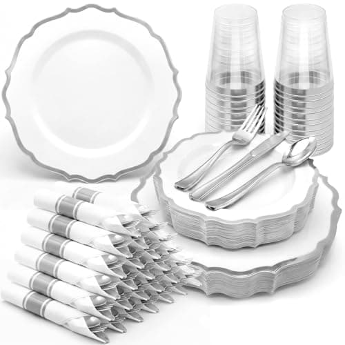 Glowserve 25 Guests 175 PCS Disposable Plastic Plates Gold Dinnerware Sets