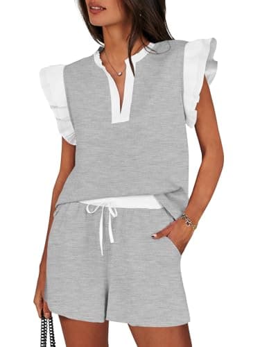 Tankaneo Womens 2 Piece Lounge Sets Summer Outfits V Neck Ruffle Cap Sleeve Tops and Shorts Vacation Matching Set - Image 1