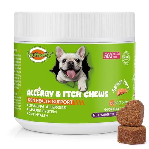 Pounzene Dog Allergy Relief Chews, Itch Skin Relief for Dogs, Seasonal Allergy Support, Skin Irritation Treatment and Boosts Immunity - Allergy Supplements for Dogs, Salmon Flavor, 100 Soft Chews