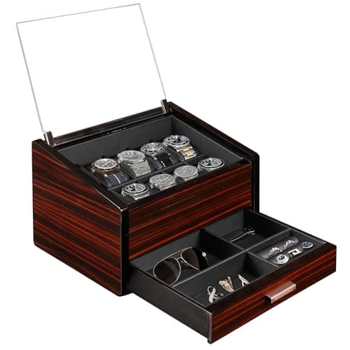 Woodronic Watch Case, 10 Slot Wooden Watch Box with Accessory Drawer, 2-Layer Jewelry and Watch Organizer Display Holder with Glass Lid, PU Leather Pillows, Watches Gift for Men, Glossy Finish - Image 1