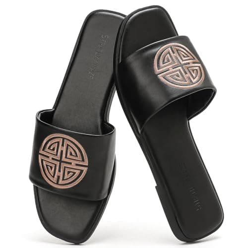 Stratuxx Kaze Womens Flat Sandals Dressy Summer Slide with Memory Foam Comfortable Cute Leather Black Sandals for Women - Image 1