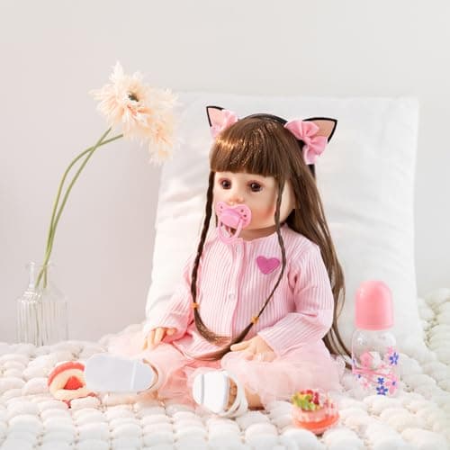 PUAMUBUA Reborn Baby Dolls 22" Silicone Baby Doll Full Body,Realistic Baby Dolls Girl with Birth Certificate Feeding Kit Toys in Gift Box for Kids Age 3+ (Pink Princess) - Thumbnail 6
