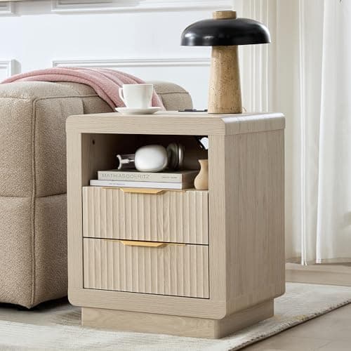 YANSNWO Fluted Nightstand with Charging Station, 23.6" H Modern Bedside Table with Thickened Curved Profile Design, End Table with 2 Drawers for Bedroom, White Alder - Image 1