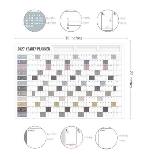 Yearly Wall Calendar with Holidays, Full Year Calendar One Page, Annual Year Wall Calendar with Stickers, Horizontal, 23"X 33" (Open), Paper Folded - Thumbnail 3