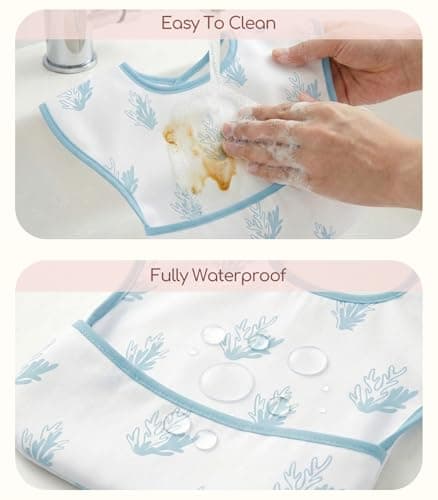 CIVARUA KIDS 3-Pack Waterproof Baby Bibs for Eating - Mess Proof Lightweight Toddler Feeding Bibs with Large Food Catcher, Food-Grade Baby Eating Essentials, Easy to Put On & Clean(Blue Ocean Whale) - Thumbnail 4