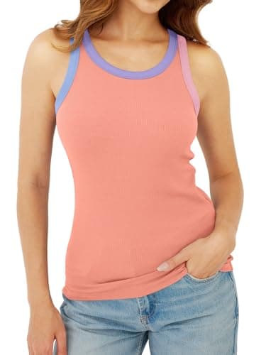 GKBK Womens Colorblock Ribbed Tank Tops Crewneck Fitted Cute Sleeveless Racerback Basic Casual Summer Cami Shirts Coral - Thumbnail 4