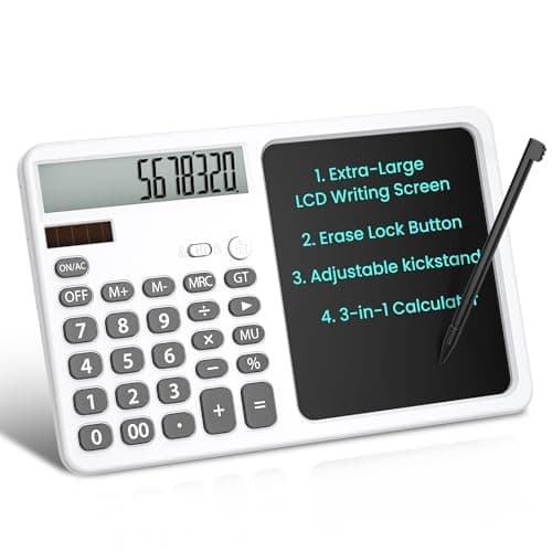 Desk Calculator with Writing Pad, Widescreen Extra-Large LCD Display, 12-Digit Calculator, Solar & Battery Dual Power Supply, Desktop Calculator with Ergonomic Viewing Angle for Office, School (White)