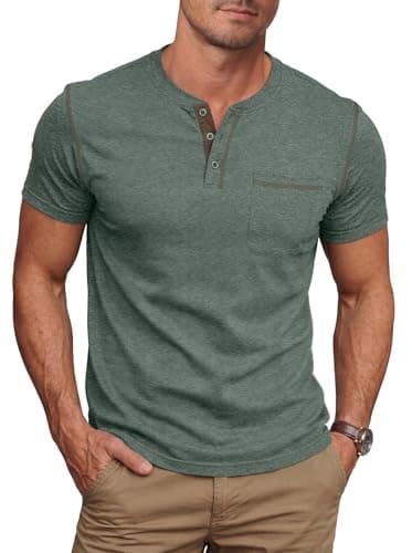 NITAGUT Mens Henley Shirts Short Sleeve Cotton Casual T-Shirts for Men Comfort Button Summer Tee with Pocket, Vg Green, XX-Large - Image 1