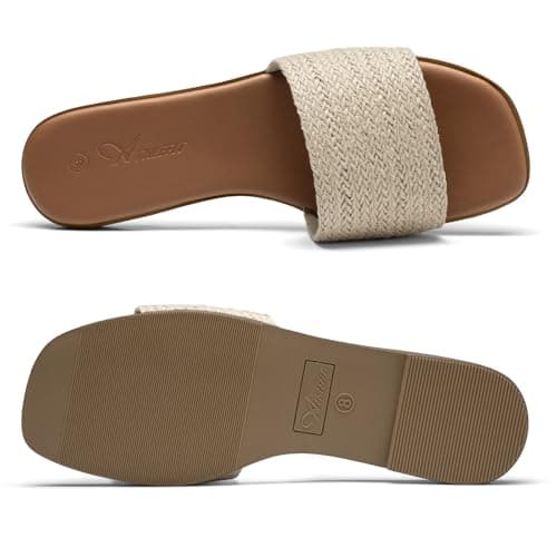 Athlefit Women's Raffia Flat Sandals Square Open Toe Comfortable Slip On Summer Beach Casual Slide Sandals Size 7.5 - Thumbnail 5