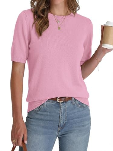 BTFBM Short Sleeve Sweater for Women Spring Tops Crew Neck Lightweight Pullover Loose Dressy Casual Blouse Basic Clothes(Pink, Medium) - Image 1