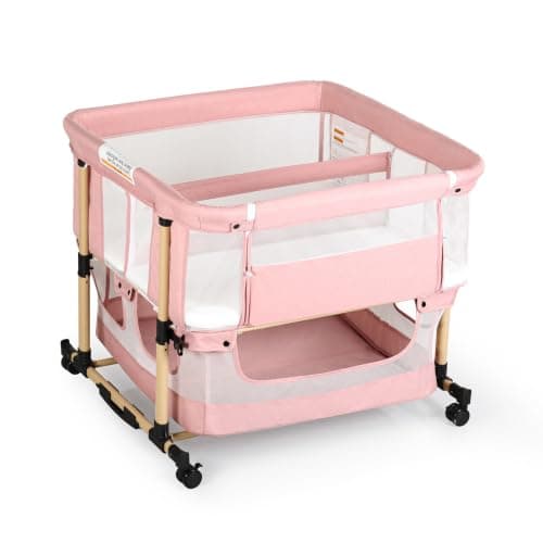 Twin Bassinet for 2 Babies, Double Bassinet for Twins, Rocking Bassinet with Wheels and Storage Basket, Full-Mesh Sides, 5-Height Adjustable, Portable and Stable Baby Crib for Newborns (Standard Pink) - Image 1