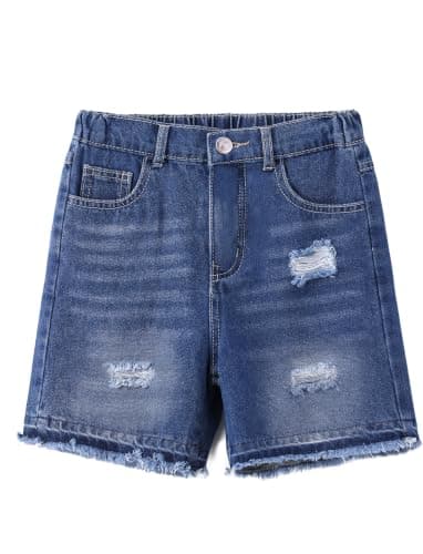 PATPAT Boys Denim Shorts Ripped Holes Soft Elastic Band Jeans Shorts with Pockets Casual Mid Elastic Waist Baggy Jorts Blue, 9-10Y - Image 1