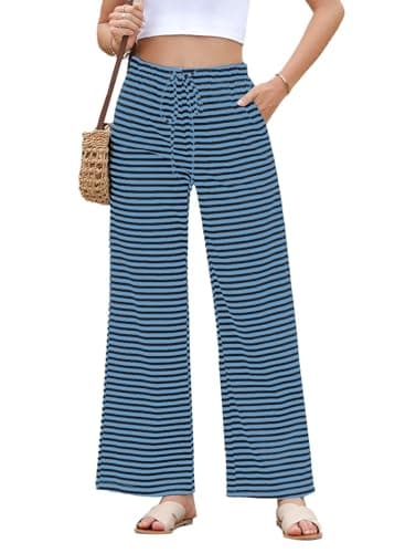 EVALESS Women's Wide Leg Pants with Pockets Casual Drawstring Elastic High Waisted Ribbed Knit Pants for Ladies Black and Blue Horizontal Striped Large - Image 1