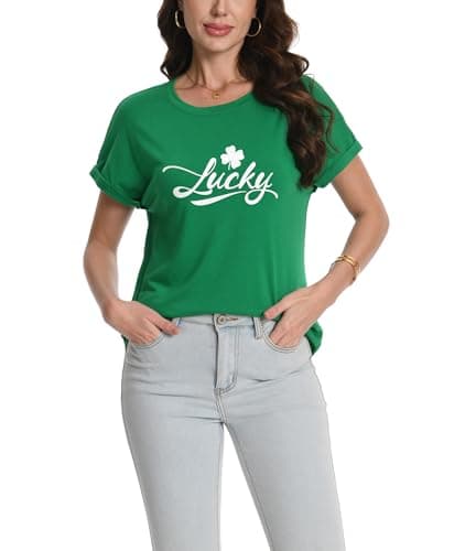 Women's St. Patrick's Day Shirt Irish Clover Funny Holiday Lucky Graphic Tee Tops (US, Alpha, Large, Regular, Regular, Green)