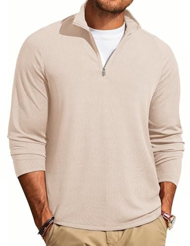 JMIERR Mens Quarter Zip Pullover Casual Old Money Long Sleeve Shirts Ribbed Knitted Quick Dry Golf Shirt Gym Athletic Hiking Workout T Shirts for Men, Small, A Parchment - Image 1