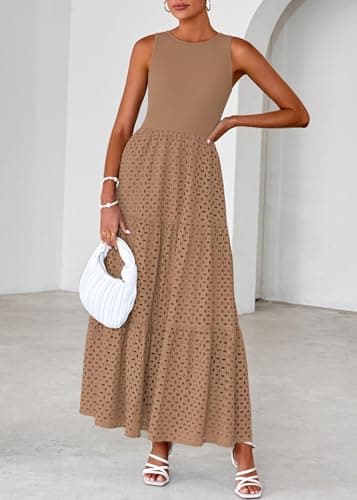 Lazysmile Womens Summer Dresses Crewneck Sleeveless A-Line Hollow Out Eyelet Tiered Tank Maxi Dress Sundress with Pockets Khaki - Thumbnail 4