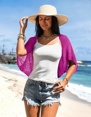 BB&KK Women's Crochet Cardigan Kimono Boho Short Sleeve Lightweight Soft Open Front Knitted Bolero Shrugs M Purple - Thumbnail 2