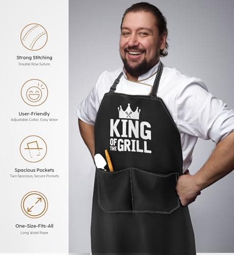 Kitchen Apron Gift for Men, BBQ Grilling Apron with 2 Pockets, Funny Birthday Christmas for Father Dda Husband Boyfriend, Water & Oil Resistant Protective Fabric, Adjustable Professional Chef Apron - Thumbnail 4