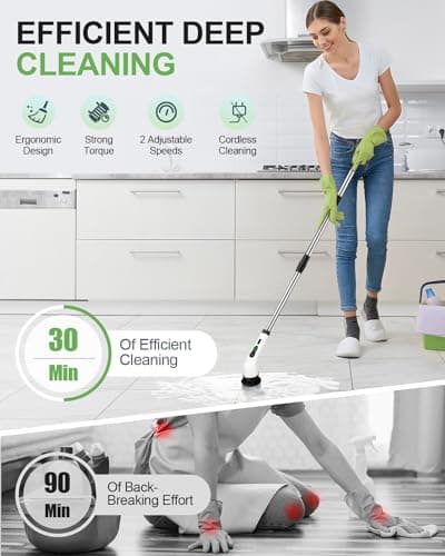 Electric Spin Scrubber, Cordless Power Cleaning Brush with 9 Replaceable Brush Heads, Bathroom Scrubber with Extension Arm, 2-Speed Motorized Tile Floor Scrubber for Tub, Sink, Wheel, White-ra1 - Thumbnail 2