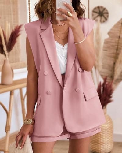 KIRUNDO Womens Suits 2 Piece Set Casual Fashion Dressy Cute Pink Sleeveless Long Blazer and Shorts Sets Outfits Matching Summer Office Clothes(Pink, Medium) - Thumbnail 2