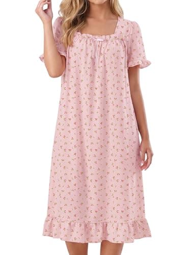 Bloggerlove Nightgowns for Women Short Sleeve Lightweight House Dress Long Breathable Nightdress Soft Lounge Dresses with Pocket Pink Flower XL - Image 1