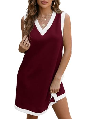 Wenrine Womens V Neck Mini Dress Summer Sleeveless Color Block Loose Fit Slit Casual Tank Dresses Burgundy - Image 1