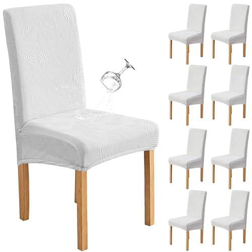 Genina Waterproof Dining Chair Covers Set of 8,Stretch Dining Room Chair Slipcovers with Leaf Jacquard,Removable Kitchen Chair Protector for Home,Restaurant,Banquet-White - Image 1
