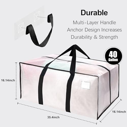 6 Pack Heavy Duty Extra Large Moving Bags W/Backpack Straps - Strong Handles & Zippers, Storage Totes For Space Saving, Fold Flat, Alternative to Box and Bin (40 gal, Semi-Transparent) - Thumbnail 2