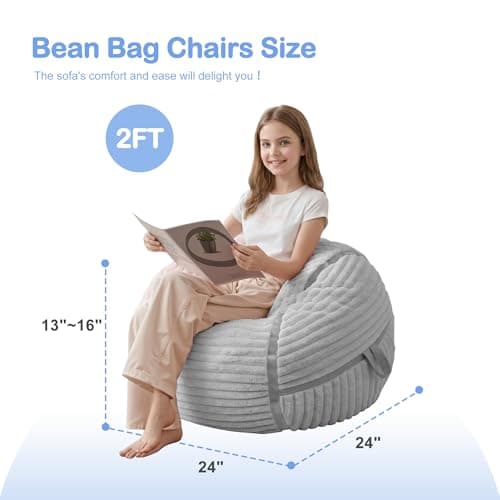 HABUTWAY Bean Bag Chair 2FT Bean Bag Chairs with Memory Foam Filled,2' Small Comfy Beanbag Chair with Soft Faux Fur Cover,Comfy Bean Bag Sofa for Classroom,Living Room,Game Room,Bedroom-Light Grey - Thumbnail 2