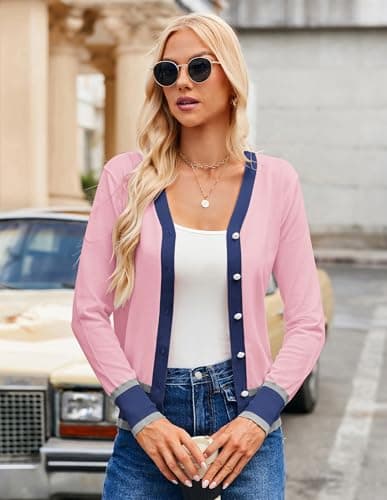 GRACE KARIN Summer Cardigans for Women Lightweight Long Sleeve Sweater Button Up Cardigan Sweater (Pink Navy,S) - Thumbnail 3