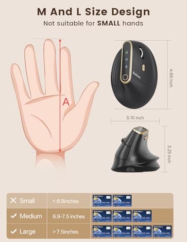 SABLUTE MAM4 Ergonomic Vertical Mouse for M/L Hands, 8K DPI, Ultra-Fast Scrolling, 6 Programmable Buttons, Tri-Mode Wireless Rechargeable Mouse, 800mAh Built-in Battery, for PC/Mac/Laptop, Black - Thumbnail 5