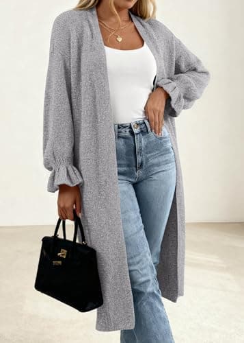 KIRUNDO Long Cardigan Sweaters for Women 2026 Spring Casual Oversized Ruffle Long Sleeve Open Front Chunky Knit Sweater Coats(Grey, Large) - Thumbnail 2