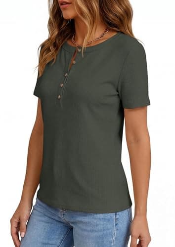 PRETTYGARDEN Waffle Knit Tops for Women Short Sleeve Henley Shirts 2026 Summer Blouses Dressy Casual Spring Fashion Clothes (Army Green,Large) - Thumbnail 4