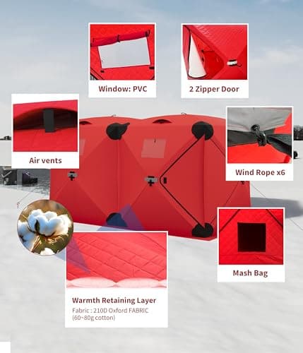 Portable Pop Up Ice Fishing Shelter 140"x70"x79" Ice Fishing Tent Insulated Hub-Style Shelter with Waterproof Oxford Fabric, Includes Anchors, Ropes & Carry Bag for 2 to 4 Persons, Red - Thumbnail 3