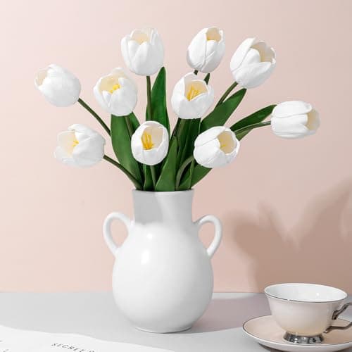 LILUYTO White Fake Tulips,18.5" PU Artificial Tulips Flowers for Spring Easter Home Kitchen Wedding Bouquet Bulk Mother's Gift Day Decorations - Image 1