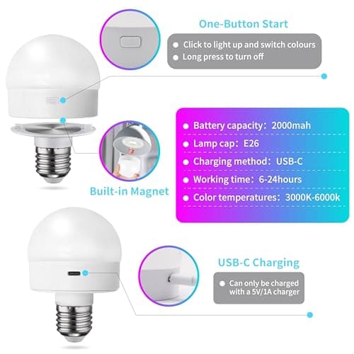 HISTAR Rechargeable Light Bulbs with Remote, E26 Battery Operated Light Bulb for Non-Hardwired Fixture, 3-Color Temperature, RGB, Timer, 4Pack - Thumbnail 5