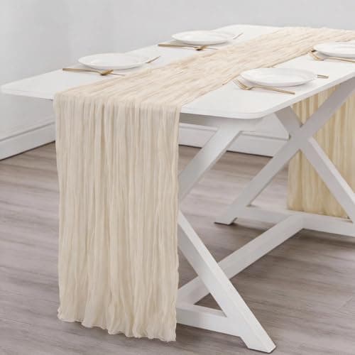 QPOR Beige Cheesecloth Table Runner 35x120 Inches Ivory Gauze Rustic Boho Spring Easter Table Runner for Engagement Party Decorations Bridal Shower Wedding Party First Communion Centerpiece - Image 1