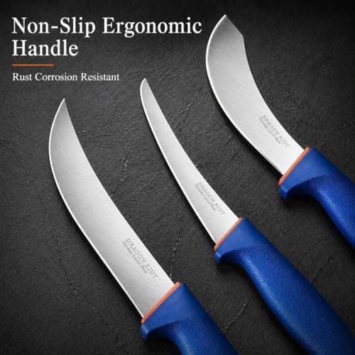 DRAGON RIOT 3 Pcs Butcher Knives Set, Meat Processing Knife Set for Brisket Trimming with German Stainless Steel and Blue Non-slip Handle Gift for Men - Thumbnail 4