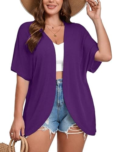 AusLook Women's Plus Size Short Sleeve Lightweight Open Front Cardigan Purple 5X Cover Ups Shrugs Shawls and Wraps Kimono Jacket Coat - Image 1